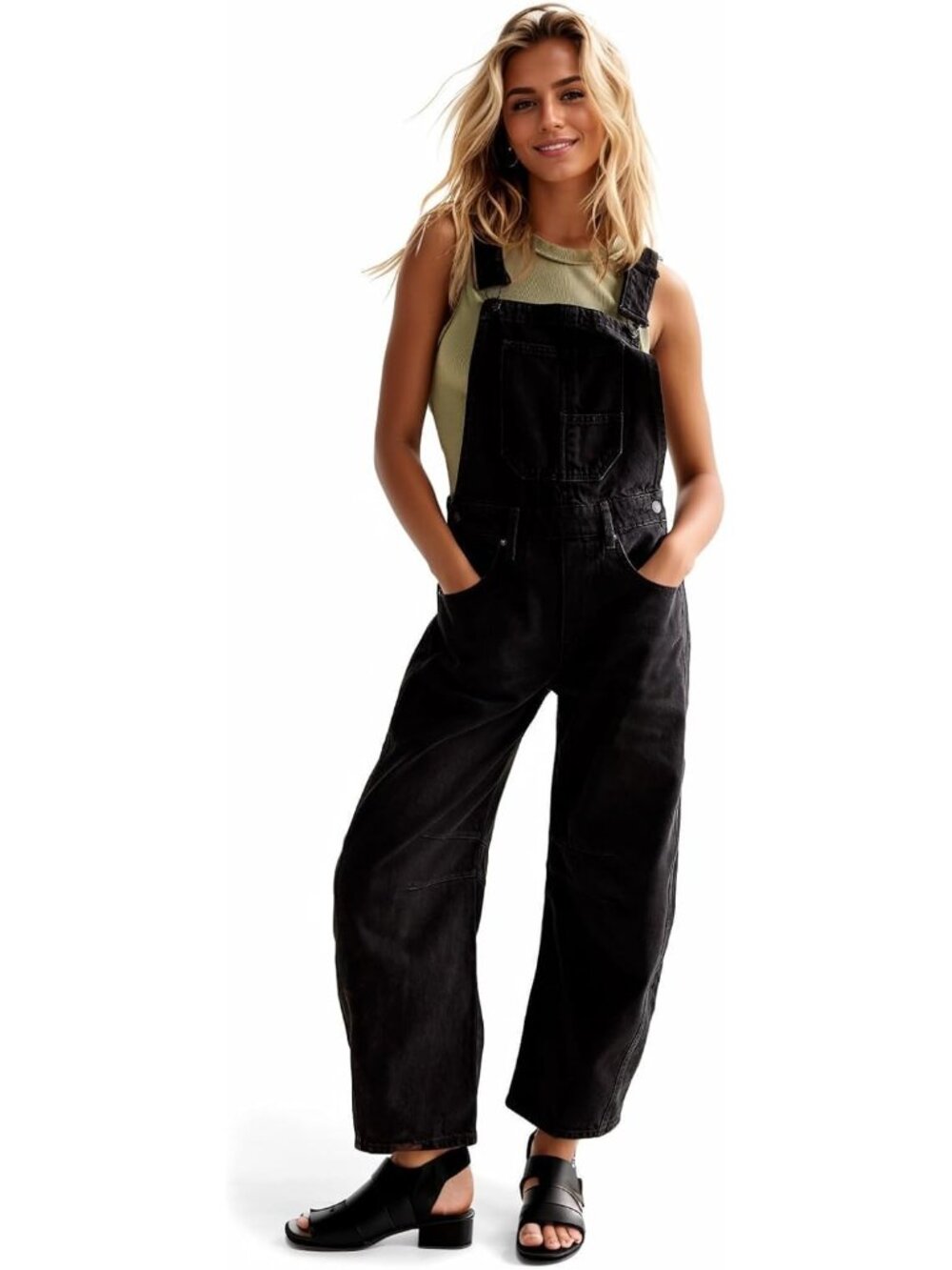 Women's Black Denim Bib Overalls Barrel Leg Adjustable Strap Jean Y2k  Jumpsuits